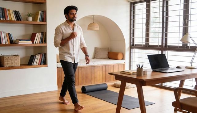 Barefoot professional walking through warm wooden home office with laptop and yoga mat