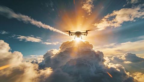 Sunbacklit drone hovering above towering cloudscape at golden sunset with lens flare and contrail