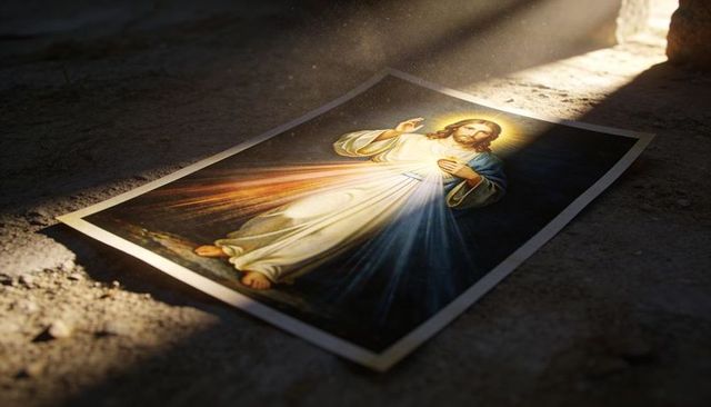 Divine mercy sacred heart print lying on stone floor with sunbeam and dust rays