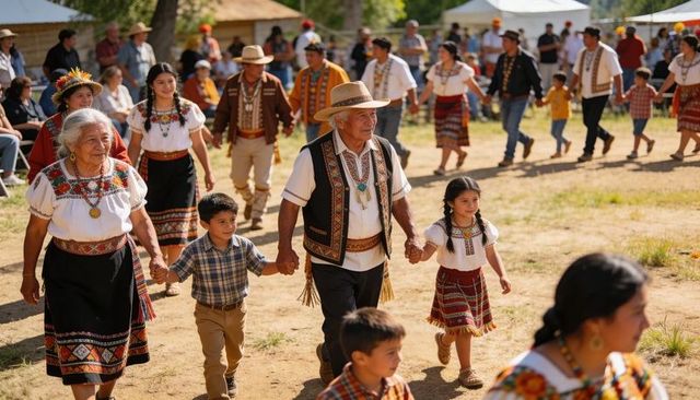 Elder leading multigenerational circle in embroidered traditional dress at outdoor festival