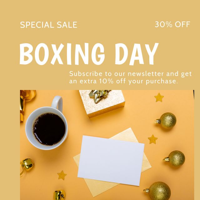 Composition of boxing day sales text over christmas decorations on yellow background. Christmas, boxing day, sales, festivity, celebration and tradition concept digitally.