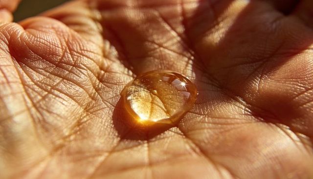 Macro palm holding golden droplet reflecting sunlight sparkle, intimate skin crease texture