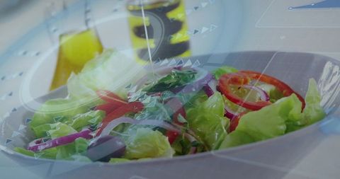 Fresh mixed salad being dressed with olive oil, lettuce and tomato with tech overlay