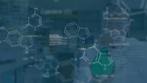 Scientist Analyzing Chemicals with Digital Data Overlay in Laboratory