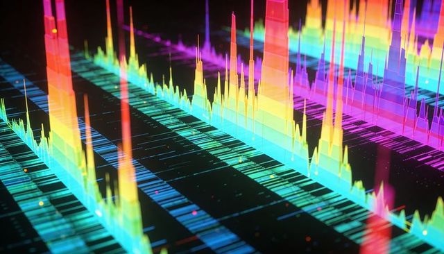 3D Spectral Data Visualization Showing Neon Gradient Spikes and Layered Frequency Bands