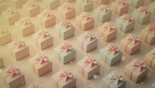 Pastel gift box grid with layered paper bows and soft bokeh for holiday and party designs