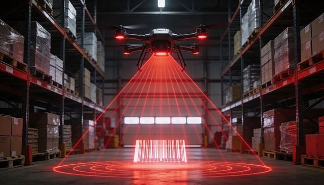 Industrial drone scanning inventory with red laser lidar barcode projection in warehouse