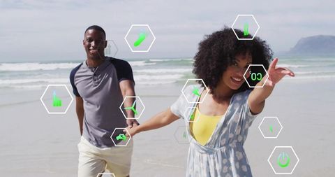 Couple Embracing Technology Enjoying Beach Adventure