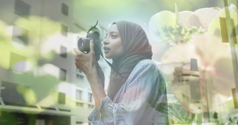 Asian Woman with Camera Exploring Cityscape in Double Exposure