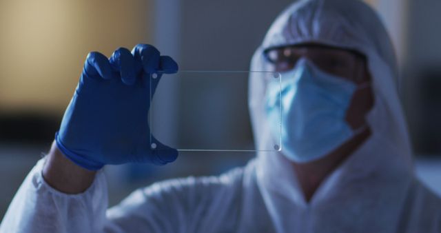 Scientist holding and analyzing a transparent slide, possibly conducting research or experiments in modern laboratory. Person is in protective clothing including blue gloves, mask, glasses, creating a sterile environment. Useful for illustrating scientific research, healthcare innovation, or laboratory environment. Ideal for educational materials, scientific articles, or promotional content for medical and research institutions.