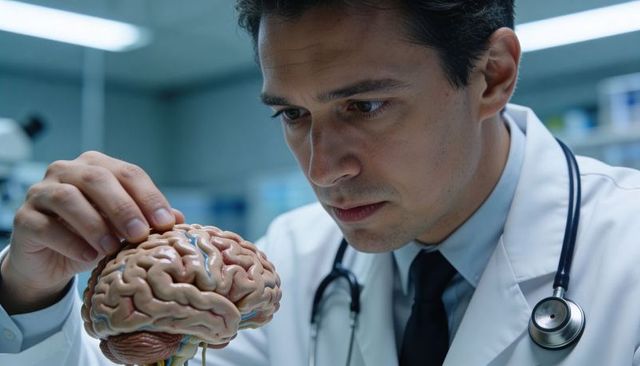 Doctor examining lifesize brain model in clinical laboratory for neuroscience education