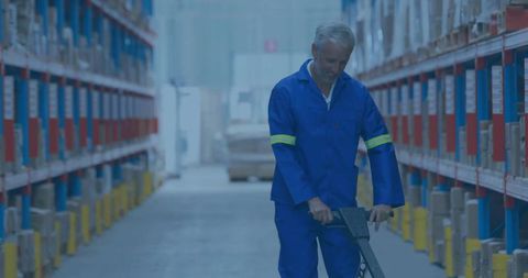 Warehouse worker operating pallet jack in storage aisle