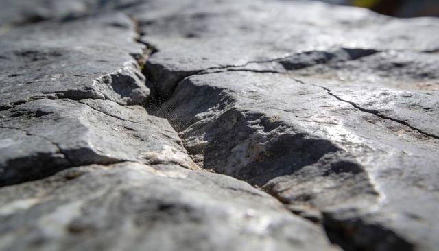 Sunlit weathered limestone slab with diagonal crevice and fine dust texture macro closeup