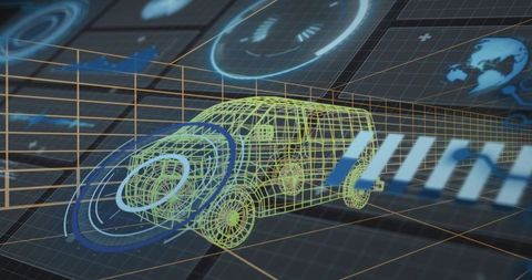 Neon Wireframe Autonomous Vehicle Showing Sensor Rings, HUD Telemetry and Holographic Grid