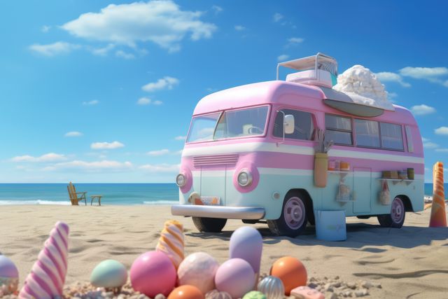 Pink and blue retro ice cream truck on beach, created using generative ai technology. Ice cream truck, summer and vintage concept digitally generated image.