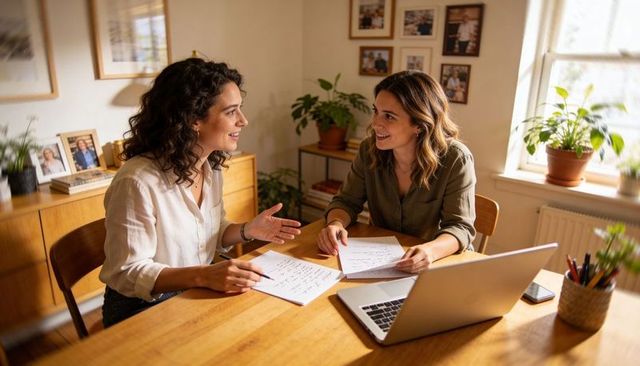 Women collaborating at home workspace reviewing notes with laptop and plants, sunlit dining table