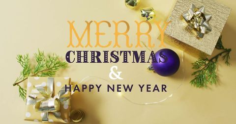 Merry Christmas Greeting with Gifts and Baubles
