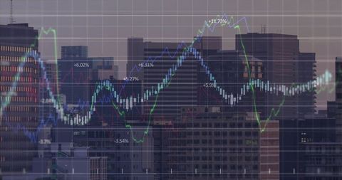 Stock Market Analytics Overlaying Downtown Skyline at Dusk with Candlestick Chart for Finance