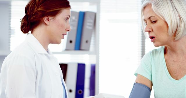 Nurse Taking Blood Pressure of Senior Woman in Clinic - Download Free Stock Images Pikwizard.com