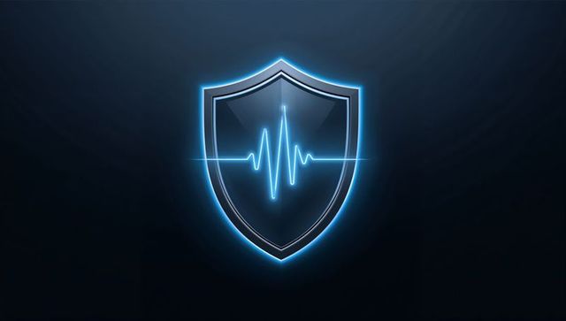 Neon Blue Shield with ECG Waveform Protecting Cybersecurity and Healthtech Concepts