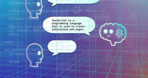 Holographic ai teaching javascript on neon grid chat interface for hands-on coding education