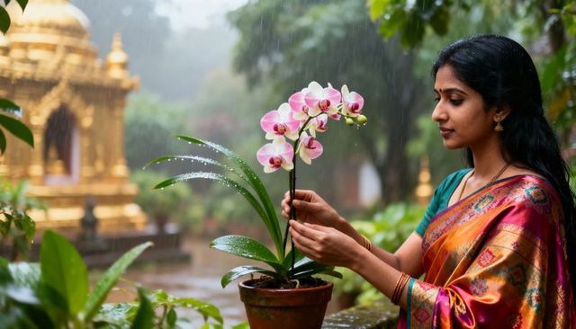 Indian woman in silk sari adjusting pink phalaenopsis orchid on temple railing during monsoon rain