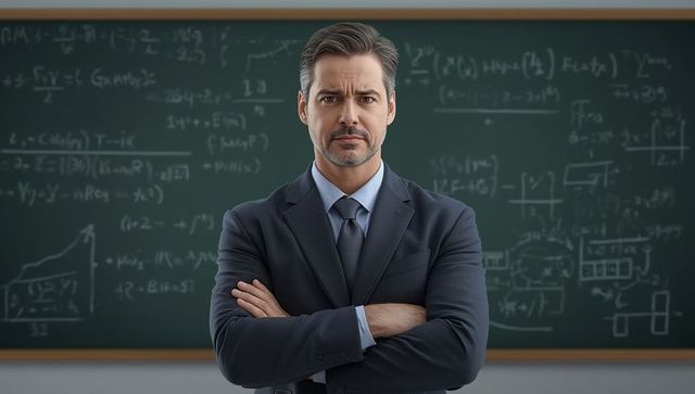 Confident Educator Standings Before Complex Chalkboard Diagrams in Classroom