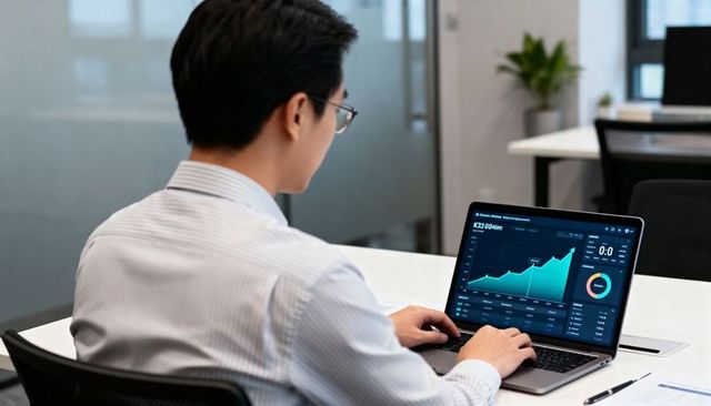 Analyst analyzing financial dashboard with growth charts on laptop in modern office