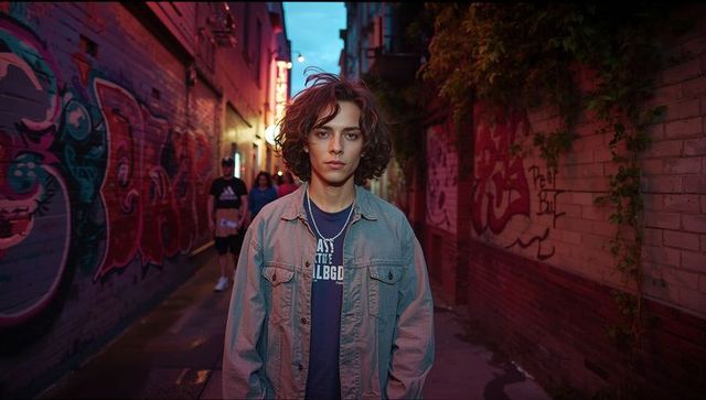 Standing young man facing camera in neon graffiti alley at dusk cinematic street portrait