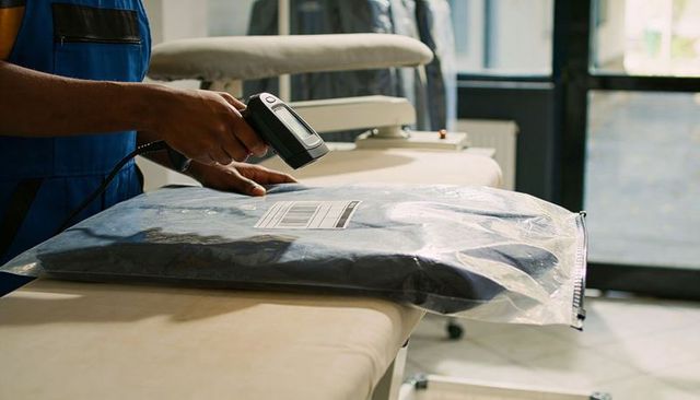 Garment barcode scanning on press table for dry cleaning and laundry tracking