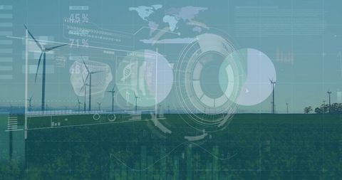 Futuristic Interface Overlay on Renewable Energy Wind Turbines