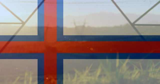 Symbolic portrayal of Faroe Islands' flag superimposed over a faint image of electrical pylons and a natural landscape. This visual can illustrate topics relating to international politics, geopolitics, or focus on the energy industry's impact. Useful for articles on national symbolism, civil infrastructure, or international political discussions.