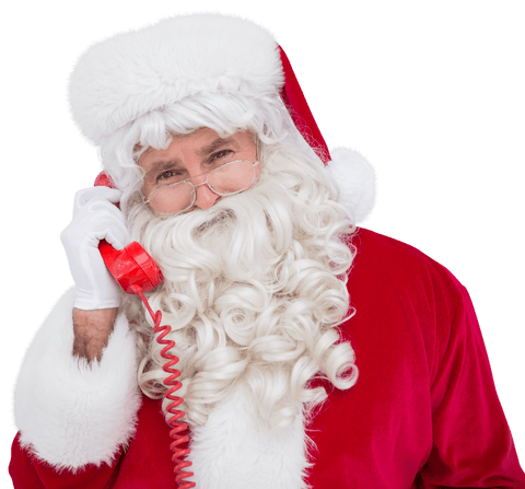 Santa Claus Taking Calls on Landline in Transparent Red Suit