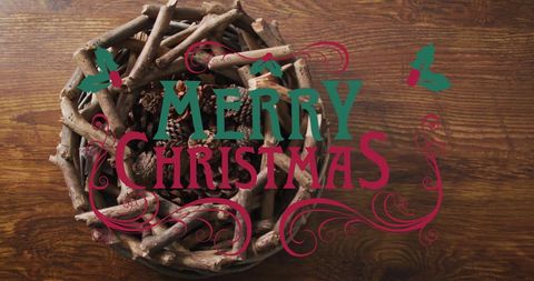Merry Christmas Wooden Decor with Pine Cones and Holly