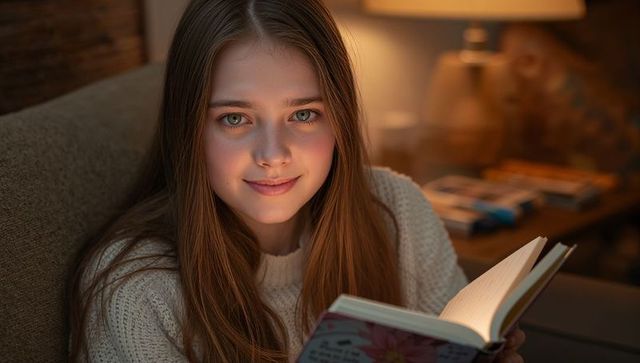 Smiling teen girl reading on couch at night holding floral paperback lamp glowing warmly