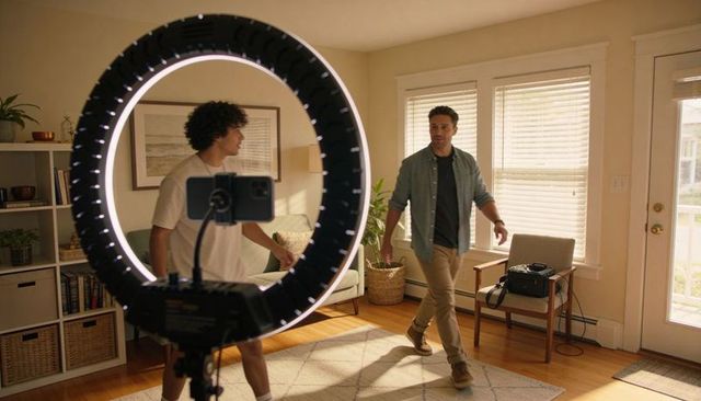 Content creators filming in living room with ring light and smartphone on tripod