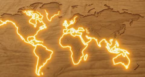 Highlighting Glowing World Map Overlay on Wooden Surface
