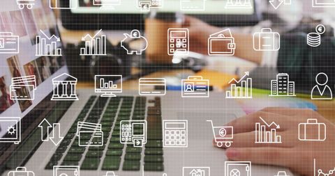 Modern Business Technology Interface with Overlaid Data Icons