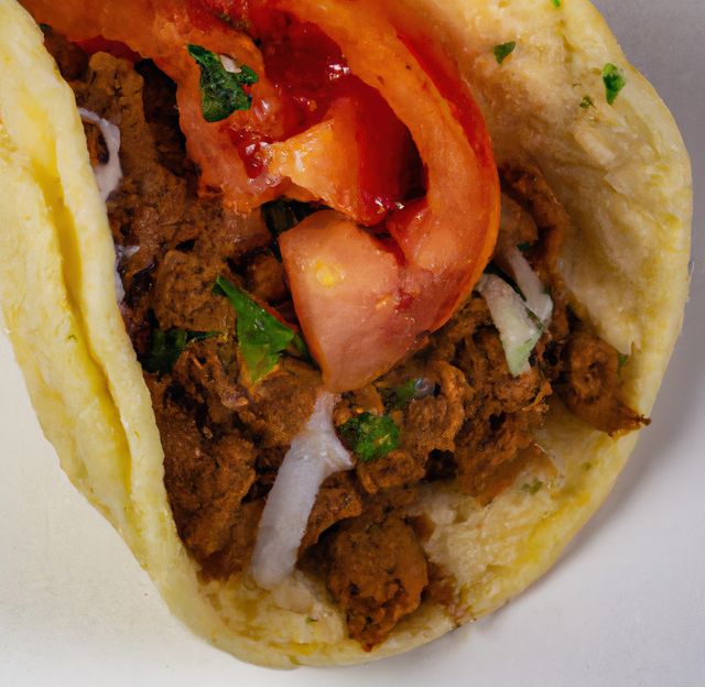 Close up of taco with meat and vegetables. Food, traditional dish, fresh and health concept.