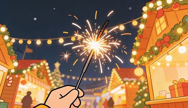 Hand holding sparkler at festive christmas market night with warm lights and wooden stalls