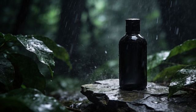 Matte black bottle sitting on wet stone in rainy forest, natural skincare product concept