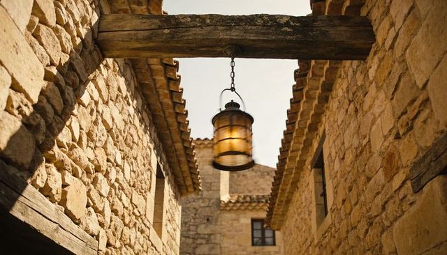 Rustic iron lantern casting warm amber light in narrow limestone alley with timber beam