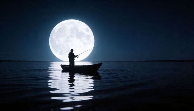Angler casting under giant full moon over tranquil lake silhouette at night