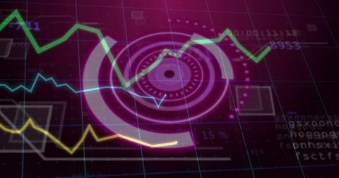 Futuristic digital dashboard with neon graphs and interface