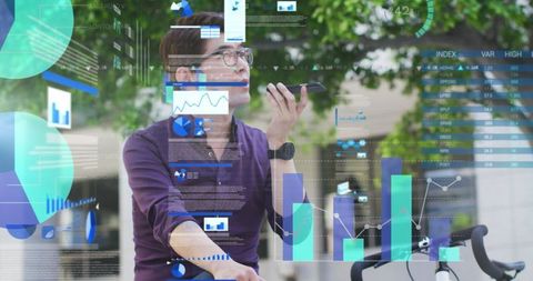 Businessman engaging with digital interface and analytics outdoors