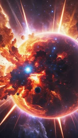 Vertical Cinematic Video of Molten Planet Erupting and Fracturing from Core in Space