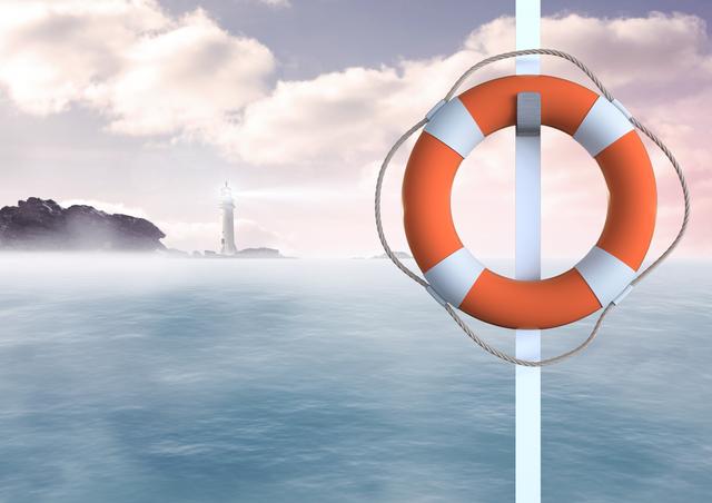 Lifebuoy hanging on a white pole overlooking a calm ocean with a lighthouse in the distance. Perfect for themes related to maritime safety, coastal living, rescue operations, nautical decor, and guiding lights. Can be used in articles, educational materials, promotional content for maritime companies, and safety awareness campaigns.