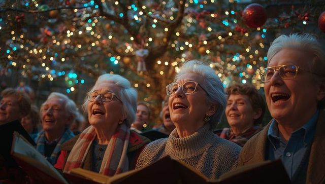 Senior Choir Singing with Magic Tree Light Decor in Town Square