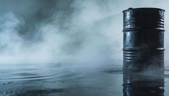 Weathered metal drum reflecting in puddle on foggy industrial lot with ripples