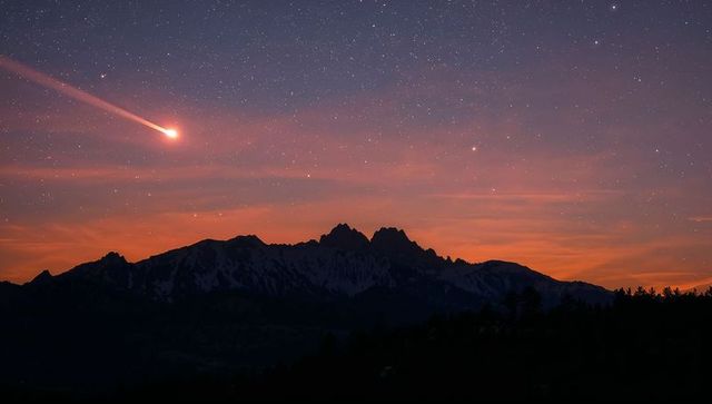 Meteor streaking over mountain silhouette at twilight with starry sky and glowing horizon